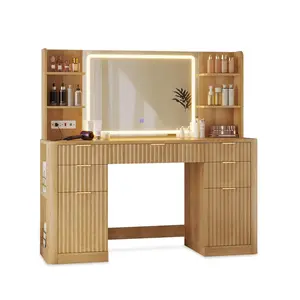 Sikaic 51.2" Fluted Makeup Vanity Desk with Large 30.3" Mirror and Lights, 5 Drawer Vanity with Power Strip, 6 Open Shelves, 2 Cabinets, Modern Dressing Table with Solid Wood Legs for Bedroom, Oak