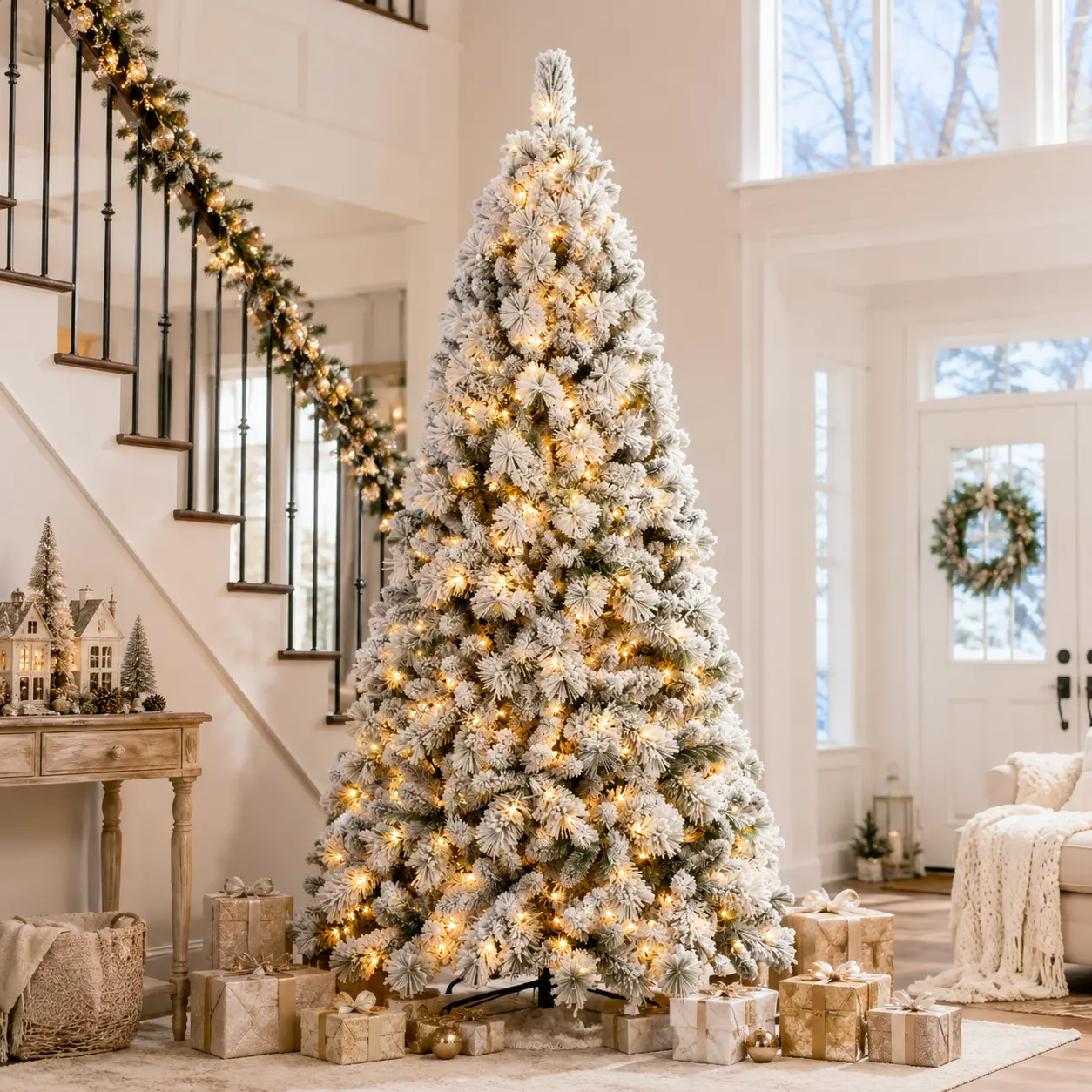 Artificial Flocked Christmas Tree, Pre-Lit & Unlit Options, Full PVC & Hard Needle Mixed Branches, Snow Covered Xmas Tree with Sturdy Metal Stand, 4FT–9FT