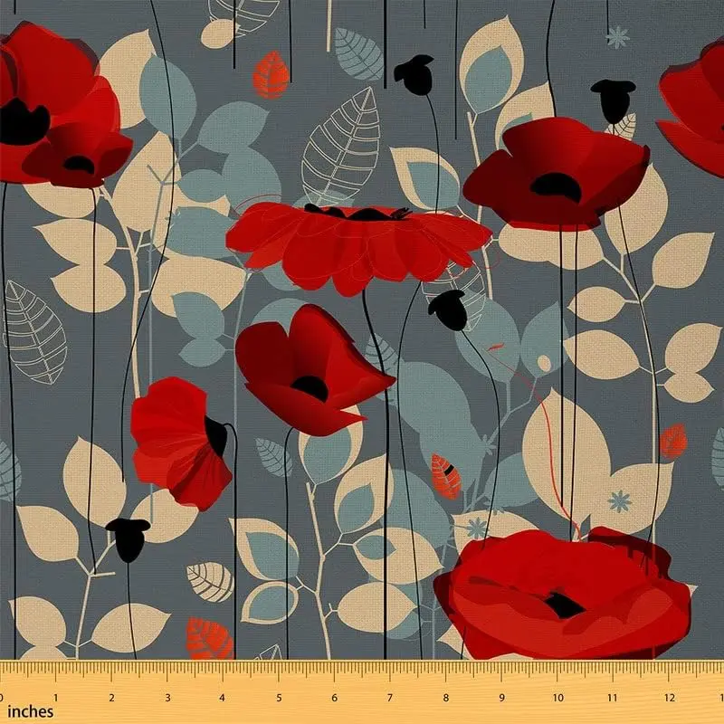Poppy Flower Upholstery Fabric by The Yard,Garden Floral Bltanical Fabric,by The Yard,Red Poppy Leaves Fabric for DIY Projects, Digital Printed Fabric, Floral Pattern