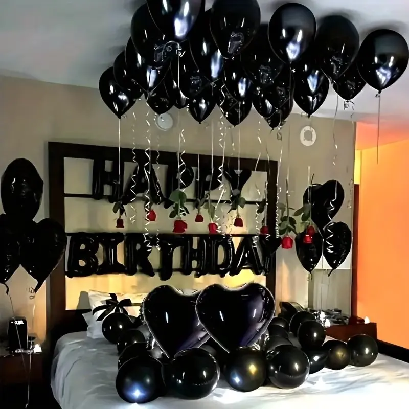 Black Birthday Balloon Set, 16-Inch Letter Balloons & 18-Inch Heart Foil Balloons, Black Theme Party Decorations for Anniversary, Romantic Surprise Room Decor, Balloon Party Supplies