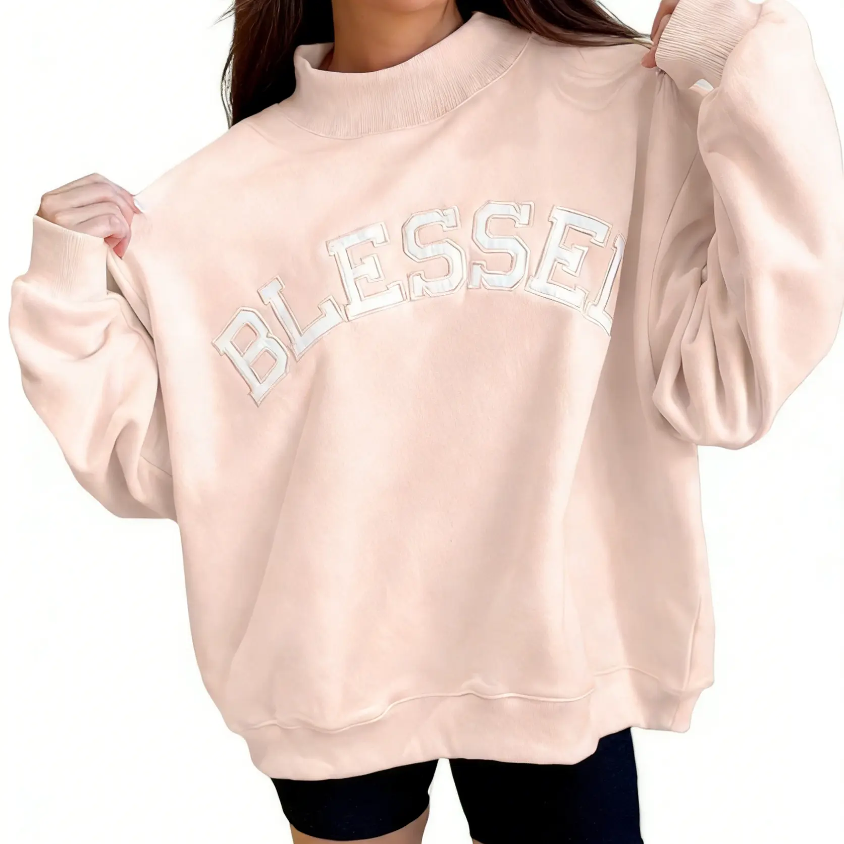 Asvivid Women's "Blessed" Embroidered Baggy Graphic Cute Longsleeves Mock Neck Sweatshirt, Chic Long Sleeve Pullover Top for Spring, Fall