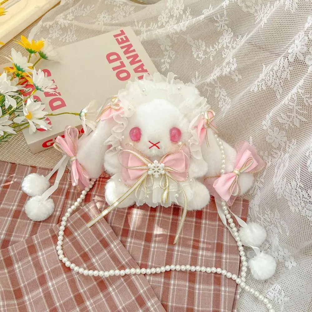 New Cute Bunny Plush Bag Lolita Element Shoulder Bag Kawaii Princess Sweet Pearl Chain Crossbody Bags Long-eared Rabbit Purse