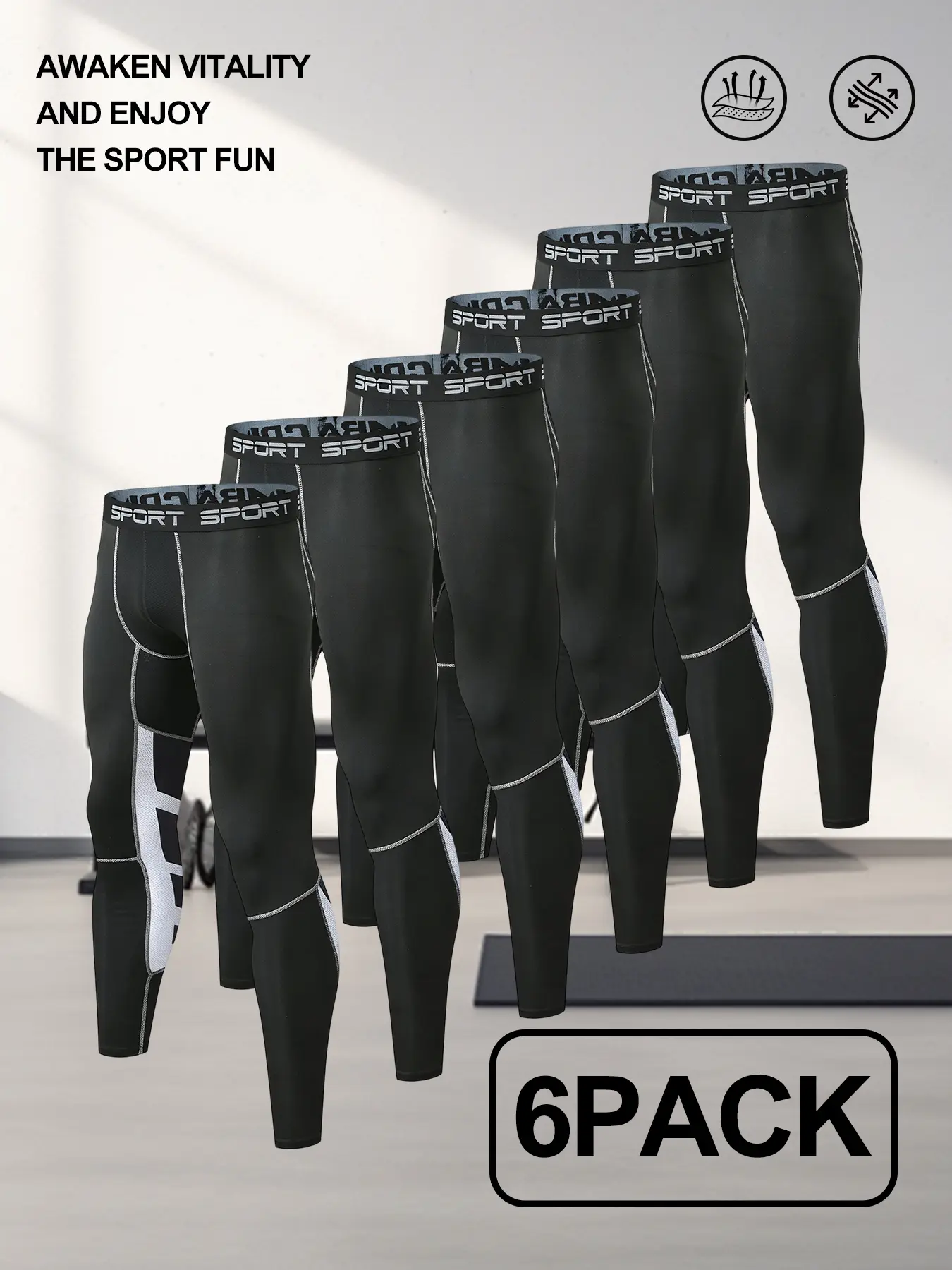 6 Pack Men's Compression Pants, Quick Dry Athletic Leggings, Moisture Wicking Workout Baselayer Tights for Running, Gym Training & Sports