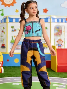 Girls' Halloween Costume Set, Short Printed Vest + Long Pants, Unique Digital Print Design, Party for Girls, Festival Wear, Colorblock Pattern