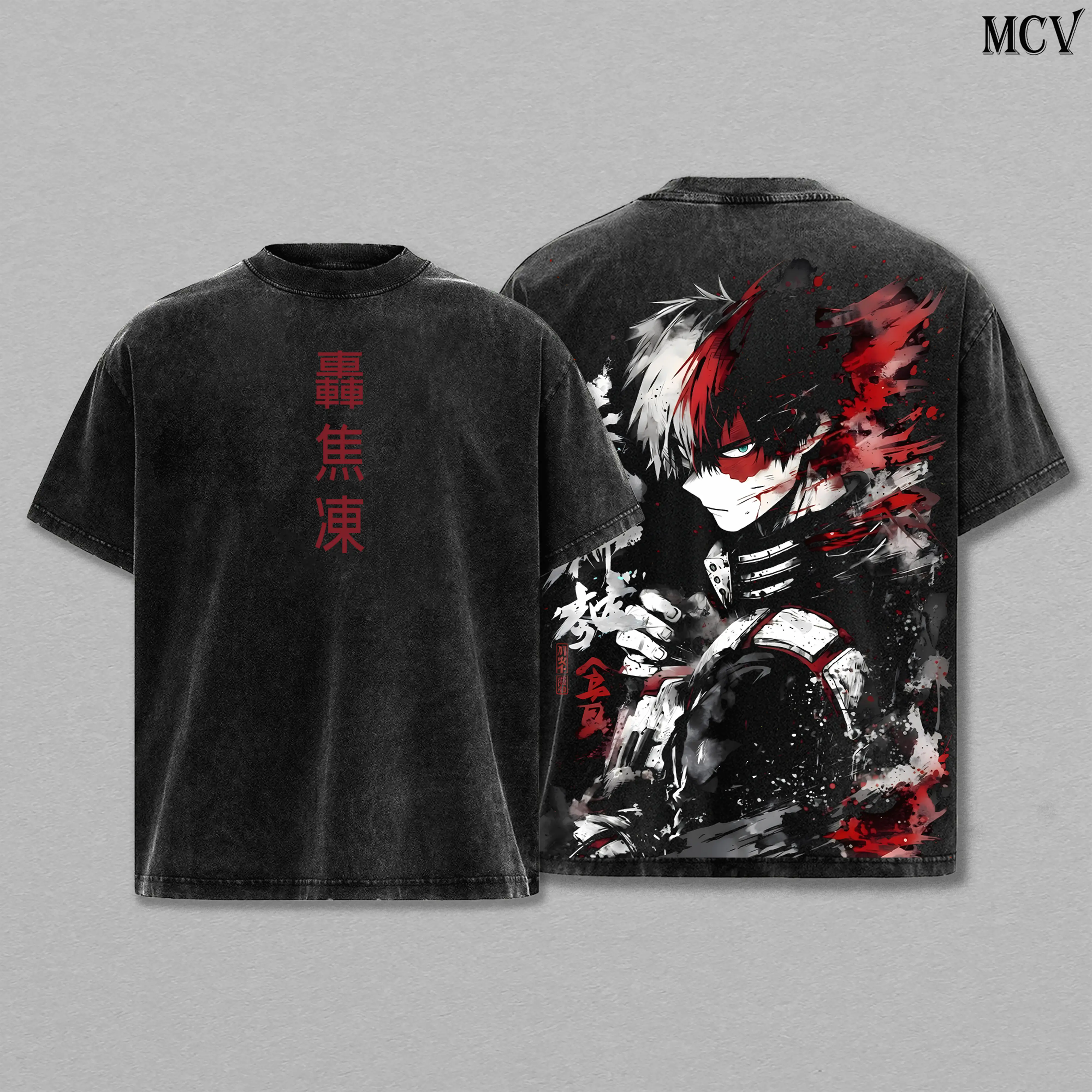 Todoroki Shouto My Hero Academia The Movie Tee Washed – Half Cold Half Hot Vintage Washed Oversized Heavy Cotton Unisex Anime Manga T-Shirt, Double Printed Retro Streetwear Top Gift for Hero Fans