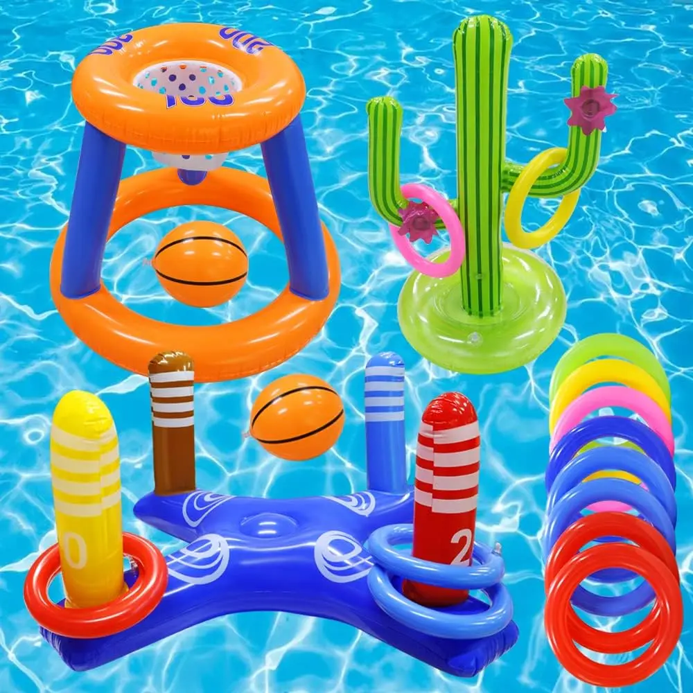 Unisex Casual Kiddie Inflatable 3-Set Water Playset - PVC Basketball Hoop, Cross Ring Toss, Cactus Toy for Family Pool or Sand Use, Pool Sports Toys