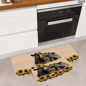 Sunflower & Cow Pattern Kitchen Mat, 2 Counts/set Non-slip Kitchen Rug, Decorative Carpet for Home Kitchen Living Room Bedroom