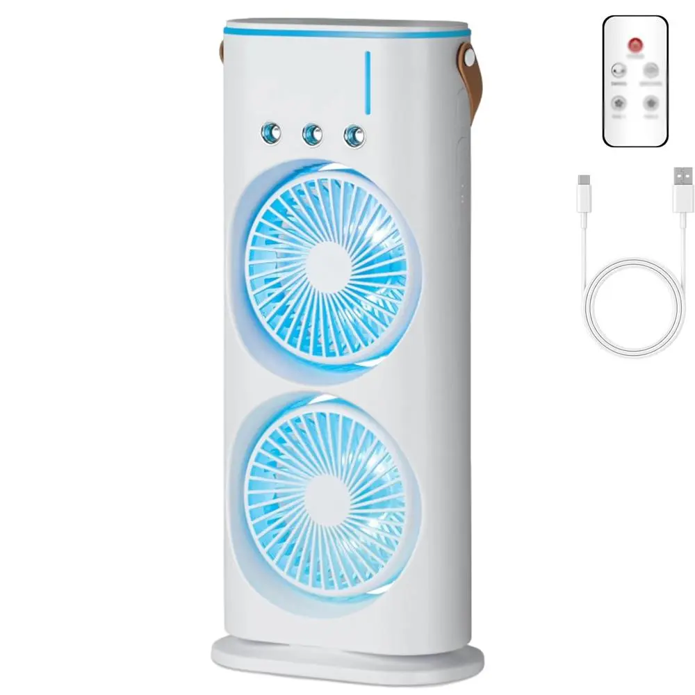 Portable Double Fan, Double-Ended Spray Fan, Multifunctional Cooling Fan, Misting 120°Oscillating Fans, 3 Speeds Mini Air Cooler with Large Capacity Water Tank and Remote Control for Home, Office (White-1pc)