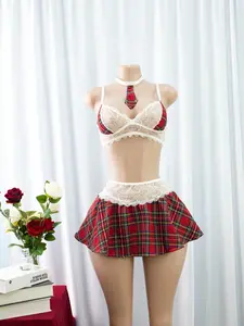 Women's Lace Patchwork Underwear Set, Soft Lingerie, Fitted Plaid Print Halter Dress, Sexy Lingerie, Student Style, Preppy, Jk Cosplay, Elegant Women's Clothing Collection
