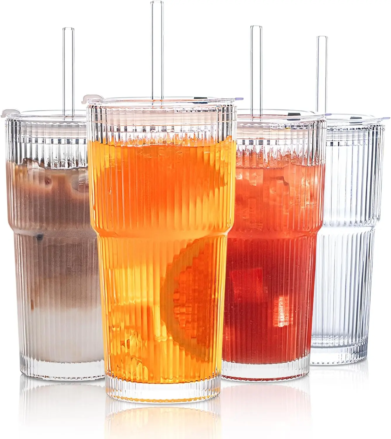 Aesthetic 20oz Ribbed Glass Tumblers - 2/4-Piece Classic Stylish Sturdy Cup Set with Lids & Glass Straws, Thick Wall, Food-Grade, BPA-Free, Dishwasher-Safe Kitchenware for Iced Coffee, Smoothies