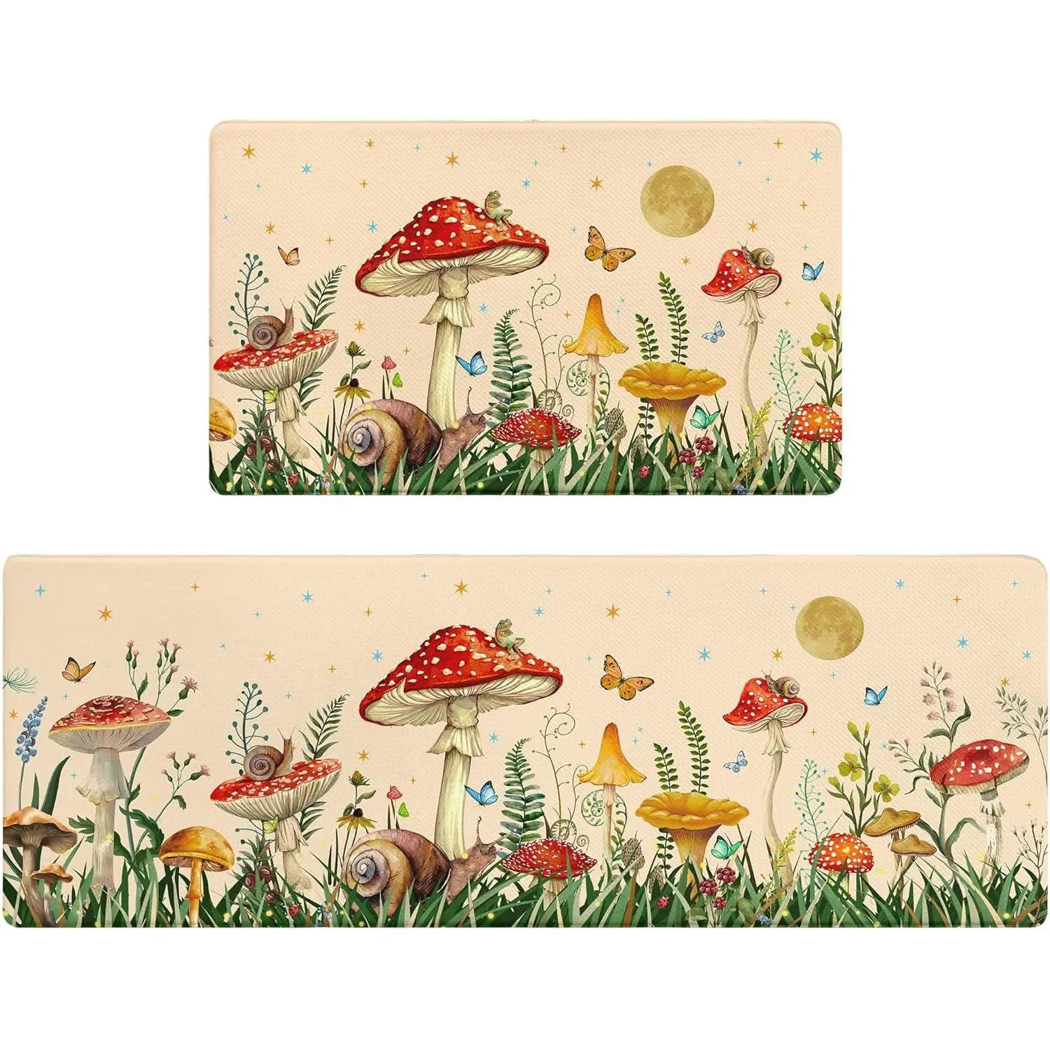 Red Mushroom Rug Kitchen Mats for Floor Cushioned Anti Fatigue Beige Kitchen Rugs Sets of 2 Butterfly Non Slip Waterproof Comfort Memory Foam Standing Floor Mat for Office Laundry Sink Desk, Aesthetic Kitchen Rugs, Washable Kitchen Rugs