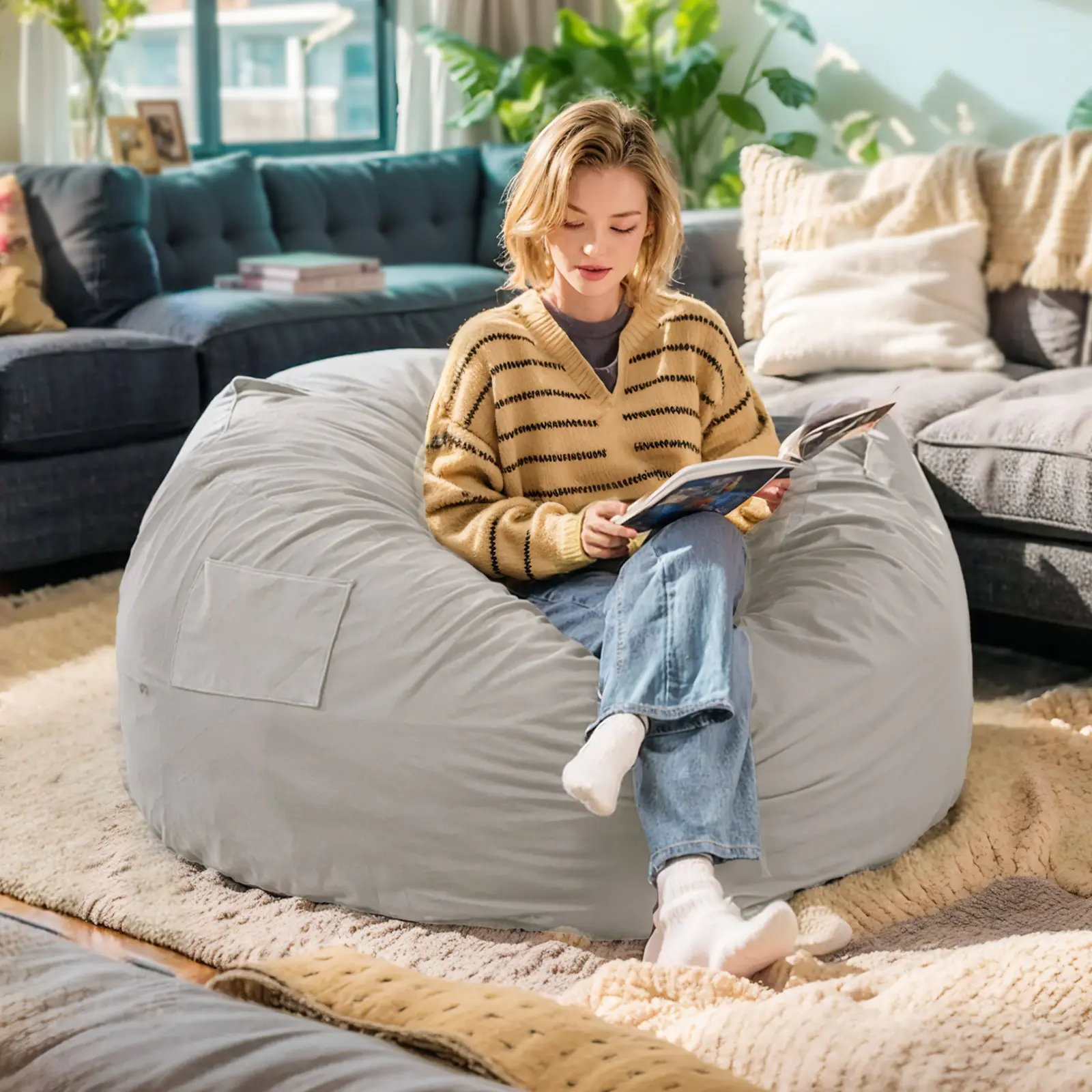 Bean Bag Chair for Adults, Oversized Beanbag for Gaming Reading Foam Filled Couch Furniture with Soft Removable Cover, Giant Round Comfy Sofa Bean Bag Chair for Adults, Oversized Beanbag for Gaming Reading Foam Filled Couch Furniture with Soft Removable Cover, Giant Round Comfy Sofa