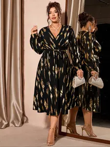 Plus Size Women's Print Long Sleeve Dress, Fitted V Neck Party Gown, Luxurious American Style, All Seasons