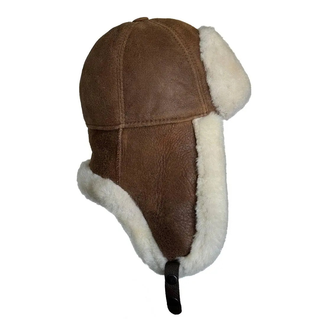 Unisex Leather Aviator Pilot Ushanka Hat - Shearling Sheepskin Fur, Adjustable Ear Flap, Waterproof, for Winter Everyday Wear