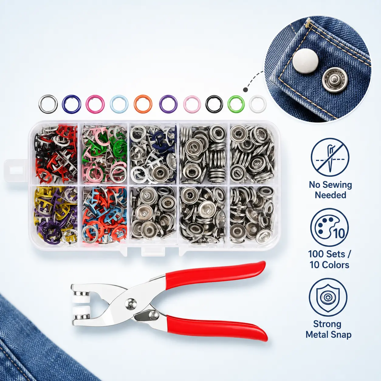 Snap Button Kit with Pliers, 100 Sets 10-Color 9.5mm Copper Fasteners, No-Sew Press Tool for Clothing Repair, Jeans, Jackets, Bags & DIY Crafts, Diy Fashion, Mini Kit Sewing Tools