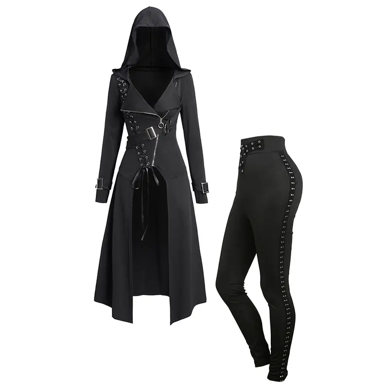 DRESSLILY Matching Sets Punk Gothic Hooded Coat and Buckle Grommet Waist Long Pants Outfit Lace Up Zip Overcoat Trench Longline Outwear and Black Pants Suits