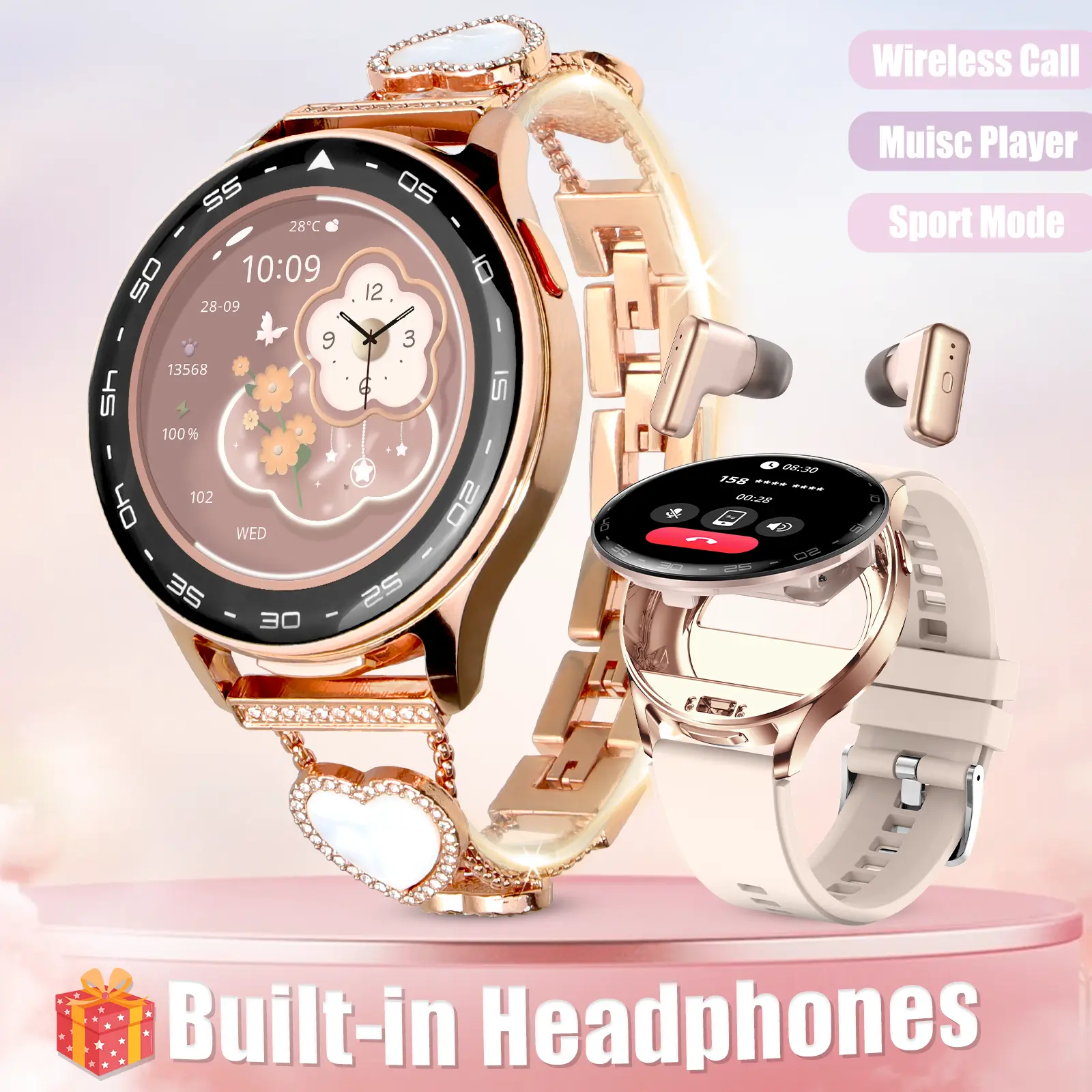 Multifunctional Smart Watches for Women Men with Earbuds & Shell Strap, Wireless Calls(Answer&Make), 1.39'' HD Screen Smartwatch with IP67 Waterproof Muisc Player Magenatic Charging for iOS Android Smartphones for Holiday Gifts