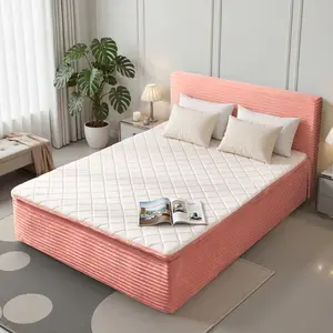 CAODOC 2-in-1 Full Size Plush Corduroy Compress Bed, Comfy Memory Foam Mattress Cloud Bed in a Box with Upholstered Headboard, Mattress & Bed Frame for Living Room, Apartment, No Assembly Required