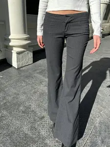 Women's Fashion Commuter Low Waist Striped Suit Pants, Street Style Casual Loose Wide Leg Pants, Summer Moderate Fabric, Holiday Loose Fit, Lady