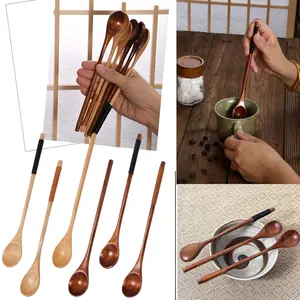 6PCS 7.87 Inch Wood Mixing Spoons Wooden Honey Coffee Spoon, Spoons for Eating Stirring, Long Handle Teaspoon Eco-Friendly Kitchen Utensils Gift Set for Kitchen Bar Restaurant accessories