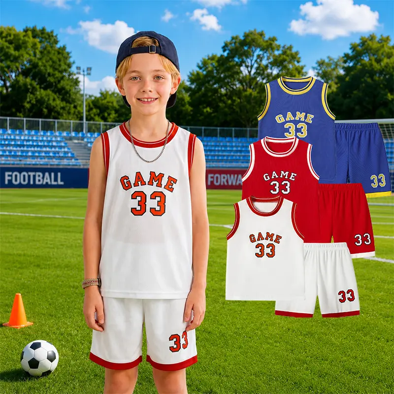 6-piece #SummerVibes children's basketball suit, boys' and girls' jerseys, ball pants suit, digital letter printed summer lightweight basketball vest and shorts.