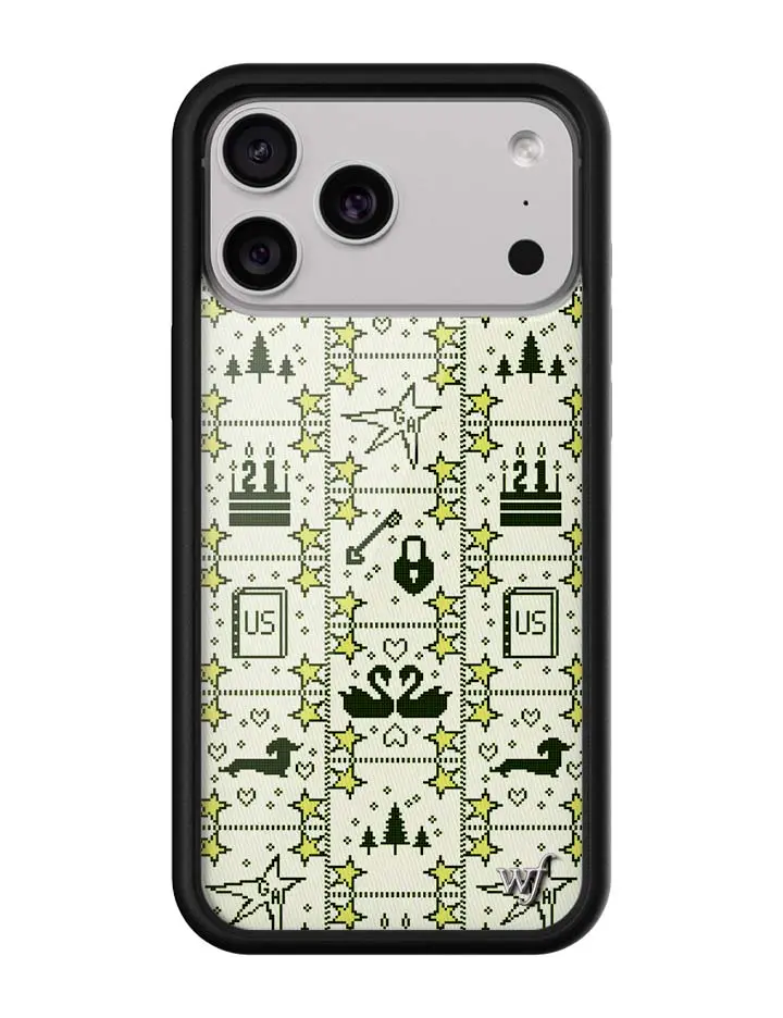 Gracie Abrams Collab | Limited Edition Trendy Collab iPhone Case | Raised Protective Black Bumper | Women Owned Small Business | Yellow Background Vibrant Stars Black Swans Lock and Keys Tree Patterns | Safety Casing Protective | Gift for Her