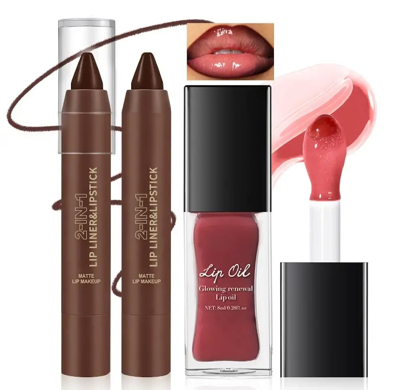 HOSAILY Nourishing Glowing Lip Oil with 2 in 1 Ombre Lip Liner Lipstick Set, Moisturizing High Shine Renewal Lip Gloss for Women, Smooth Long Wear Plumping Rose Pink Lip Tint Lip Crayon Combo Makeup
