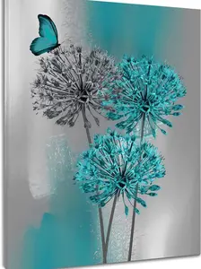 Teal Dandelion Canvas Wall Art Teal Grey Dandelion with Butterfly on Modern Abstract Background Wall Art Aesthetic Wall Art Decor for Living Room Bedroom Bathroom Office Framed Ready to Hang SHJY-0753