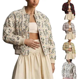 Molitree Women's Embroidered Daisy Cropped Bomber Jacket Long Sleeve Quilted Puffer Jackets Padded Coat Outerwear Casual Apricot