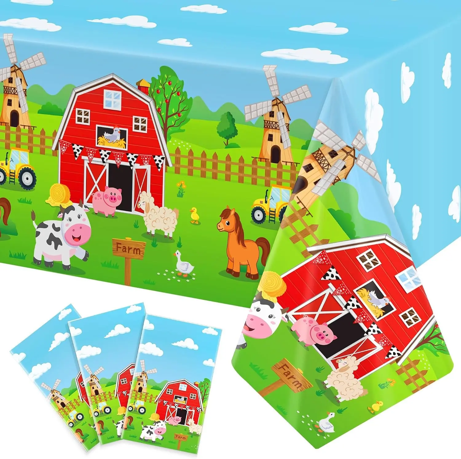 3Pack 108 X 54 Inch Rectangular Disposable Plastic Farm Tablecloth, Farm Animal Birthday Party Supplies for Barnyard Themed Party Decorations