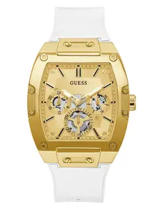 GUESS Male Gold-Tone and White Rectangular Multifunction Watch