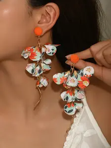Floral Print Fabric Petal Cascade Drop Earrings, Boho Summer Statement Earrings with Gold-Tone Accents for Women, Lightweight Tassel Design, Perfect for Beach Vacations, Weddings, Festivals & Daily Wear, Trendy Vacation Jewelry