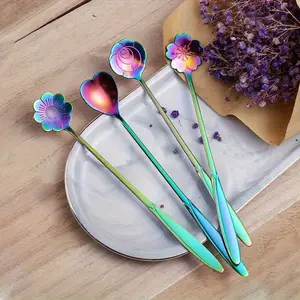 Set of 4 Stainless Steel Flower-Shaped Coffee Spoons, Rainbow Colorful Handles, Long Handle Design, Perfect for Desserts Tea Coffee