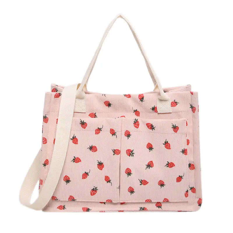 BIGWIG Strawberry Print Canvas Tote Bag for Women, Casual Large Capacity Shoulder Bag with Adjustable Straps and Multi-Pocket Design for Student Daily Use, Bags, Everyday Bag