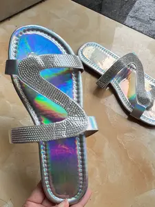 Laser Flash Z-Shape Rhinestone Sandals, Stunning Rainbow Flip Flops, Essential Summer Nightclub Shoes, Fashionable PU Leather