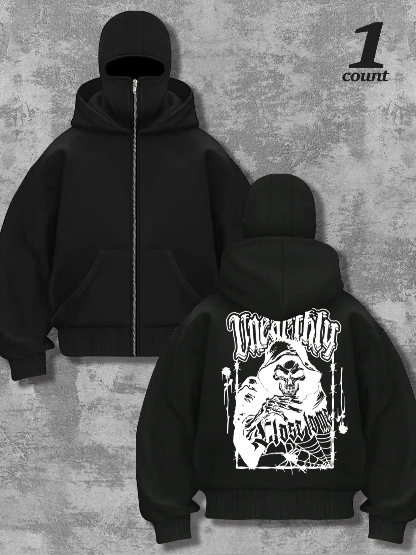 Men's Stylish Death Skull Graphic Balaclava Knit Hoodie with Dual Layer Design, Casual Fitted Sweater for Fall & Winter, Comfortable Sportswear for Outdoor Activities