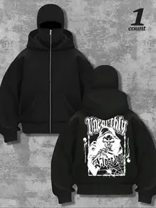 Men's Stylish Death Skull Balaclava Hoodie with Dual Layer Design, Casual Fitted Sweater for Fall & Winter, Comfortable Sportswear for Outdoor Activities