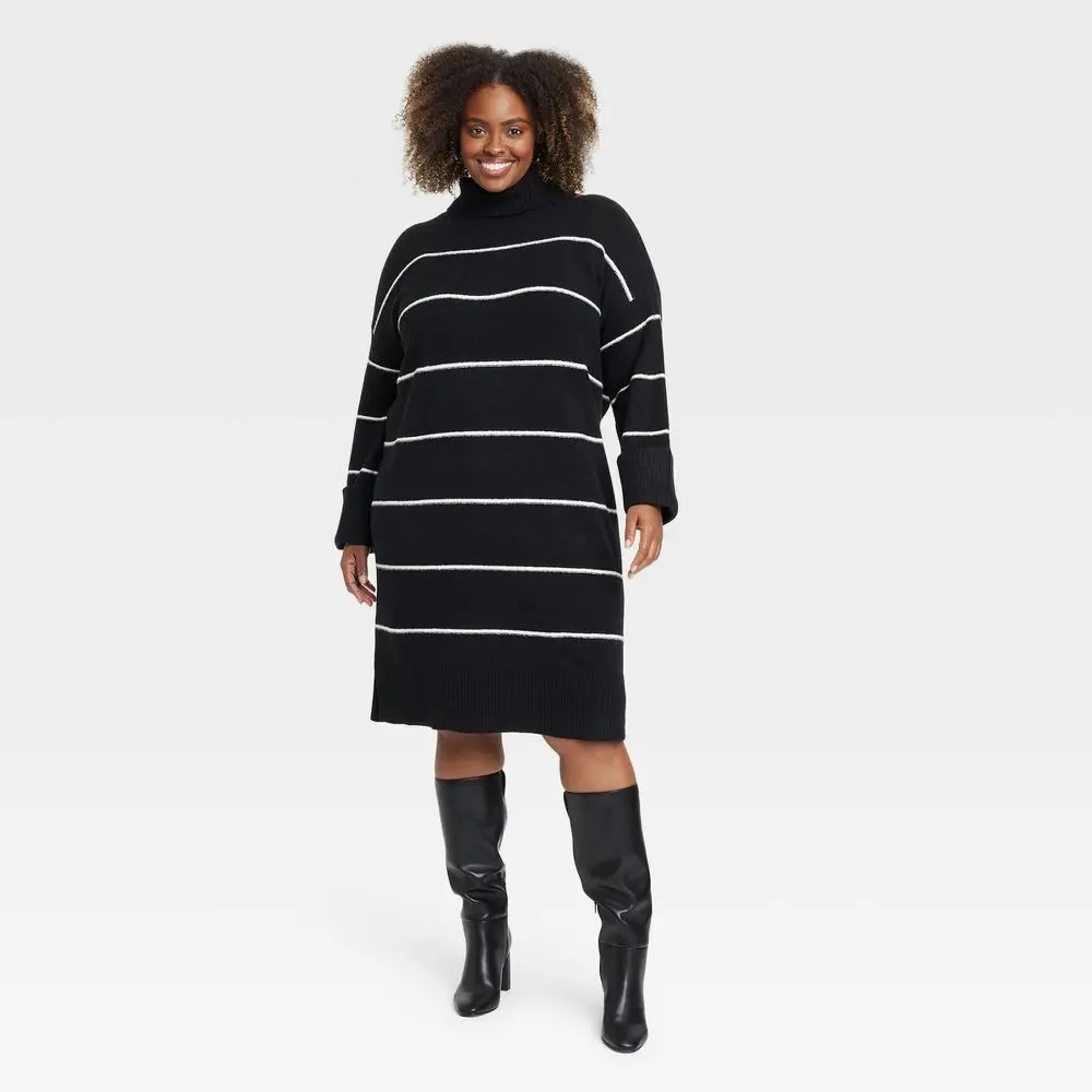 Women's Pullover Stretchy Turtleneck Long Sleeve Cozy Knitted Midi Dress - Ava & Viv, Black Striped, 2X, Polyester-Jersey-Spandex Blend Garment, Glam Basic Casual Dress