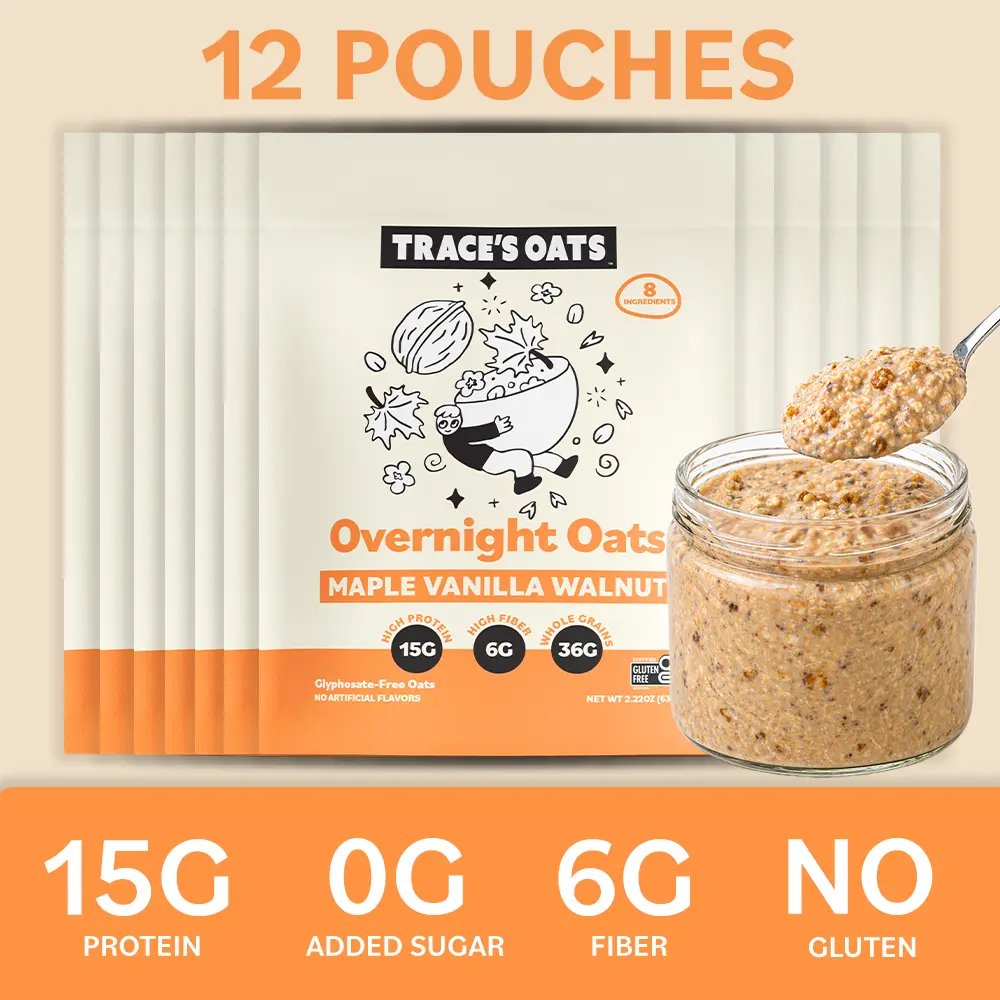 Trace's Oats Maple Vanilla Walnut Instant Protein Oatmeal, 12-Pack, 15g Protein, 0g Added Sugar, Gluten-Free, Chia Seeds, Monk Fruit, Vegetarian Fiber Foods Breakfast Cereal