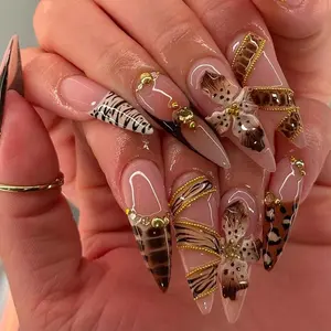 New Design Leopard Print Glossy Acrylic Nails, Chain Decor, Full Coverage, Fashionable for Parties and Daily Wear, Includes Removal Tool