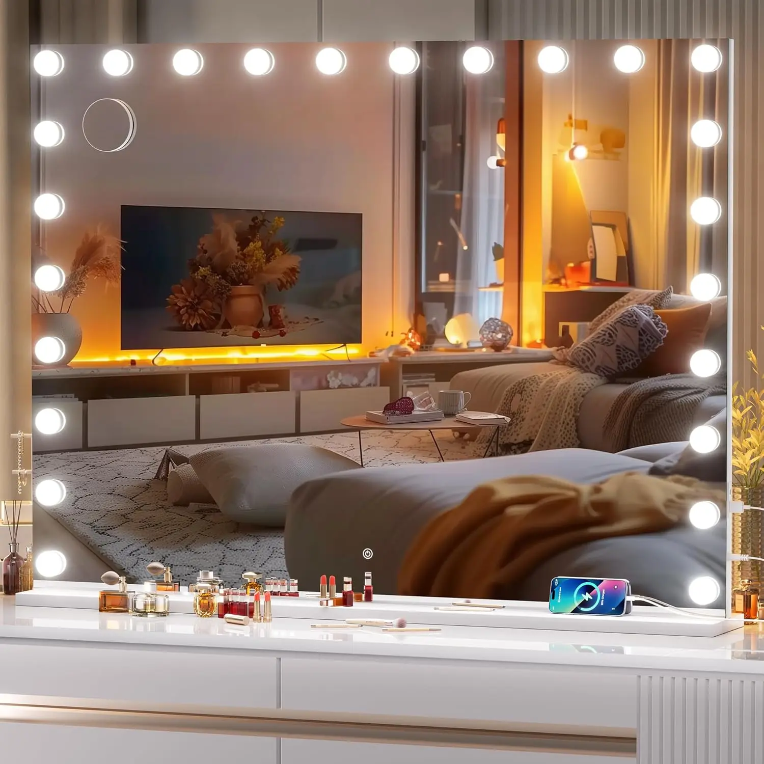 Hasipu Square Hollywood LED Lighted Mirror for Home Interior, Tempered Shatterproof Glass, Dimmable Bulbs with Adjustable Brightness, 5X Magnification, USB Charging, Anti-Fingerprint AF Coating, Desk-Hanging Removable Mount, Music & Calls Compatible