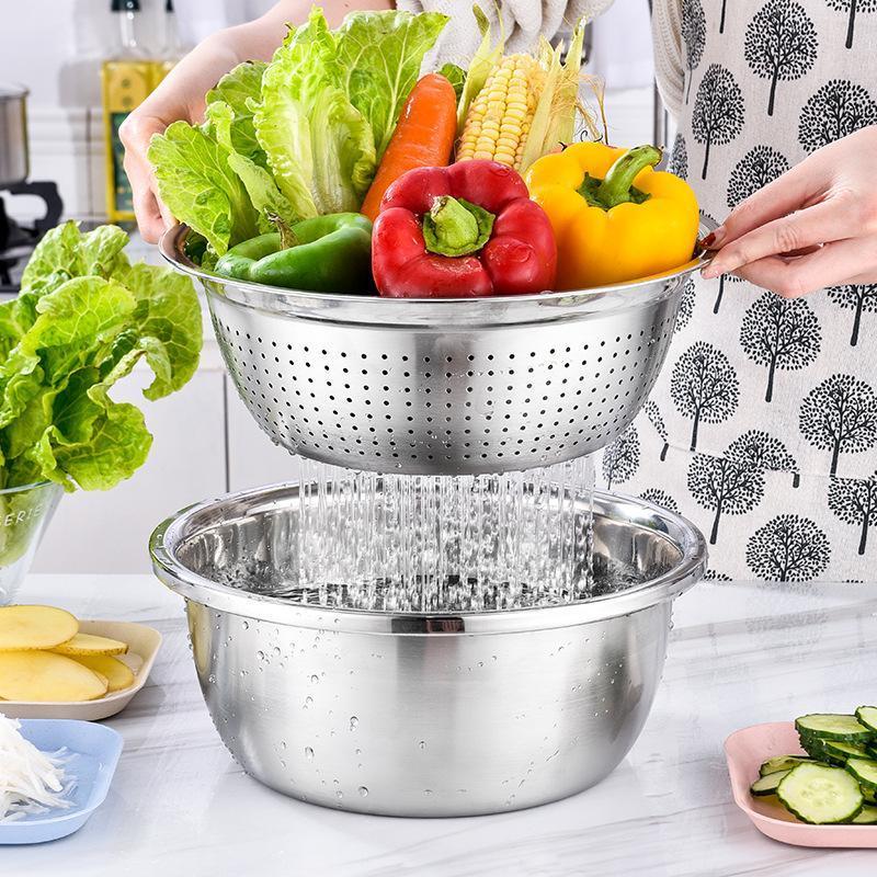 YUQUESEN multifunctional cutting machine,3-In-1 Stainless Steel Multi-Functional Strainer Set, Includes Basin/sieve/cutter, Ideal for Washing Rice Fruits Vegetables Kitchen Essentials