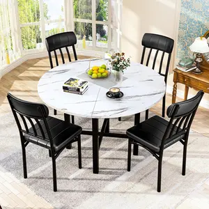 AWQM Round Dining Table Set for 4,Faux Marble Circle Dining Table Set with Chairs,Modern Kitchen Table and Chairs Set for 4,Round Dinner Table & Chair Set for Small Space,White