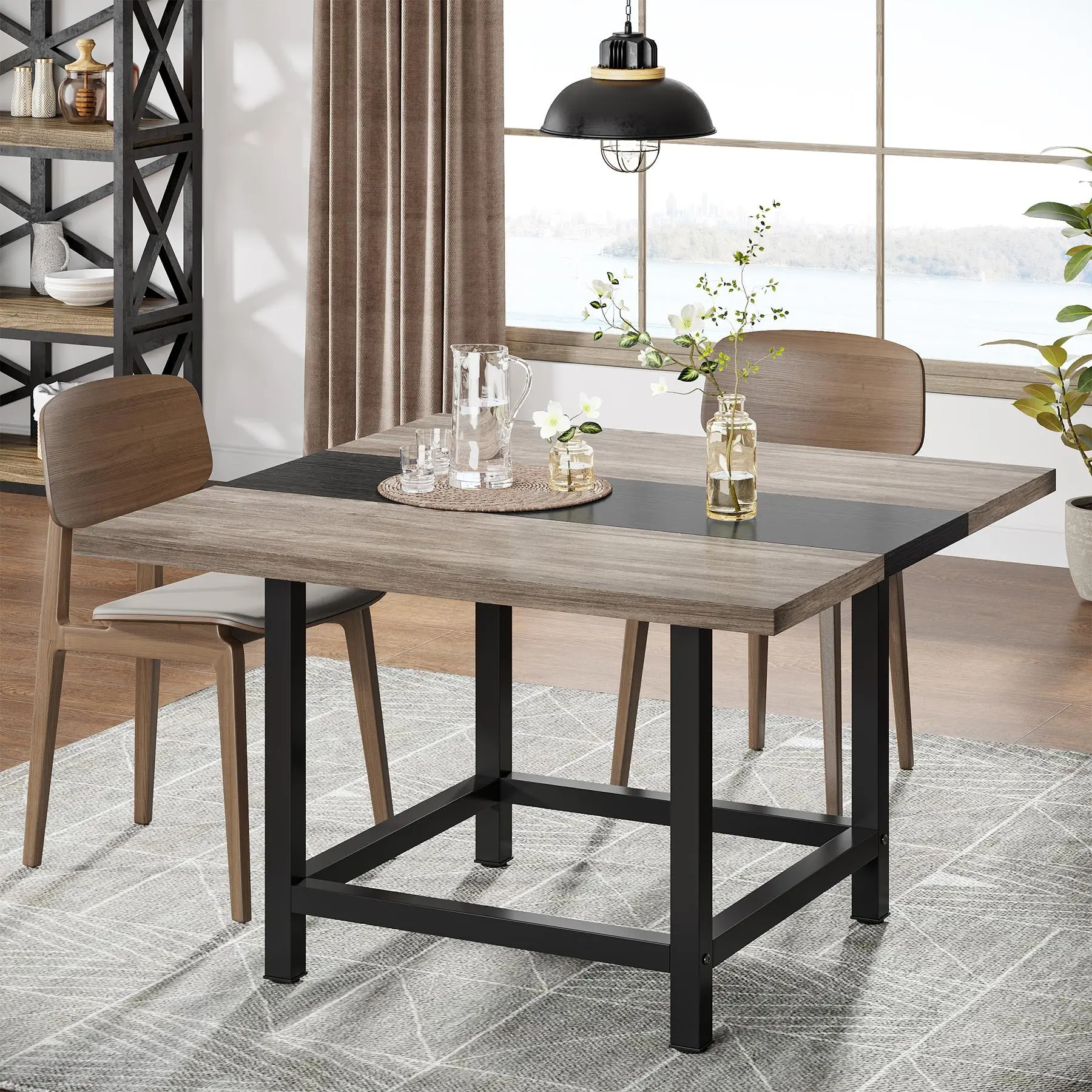 TRIBEWOOD Rustic 3-4 Person Square Conference Table - Sturdy Frame, 2-Tone Large Top, E1 Particleboard, Lightweight, 39.2 in x 39.2 in x 29.5 in, Small Space Home Office Computer Desk, Assembly Required, Chairs Not Included