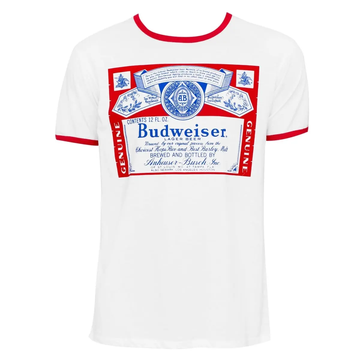 Budweiser Men's Casual Cotton Short-Sleeve Round Neck Ringer T-Shirt - Tee, Extra Large, Tshirt, Shortsleeve, Top, Original, Tops, Menswear, Logo Print, Ringer Trim, Basic, Traditional