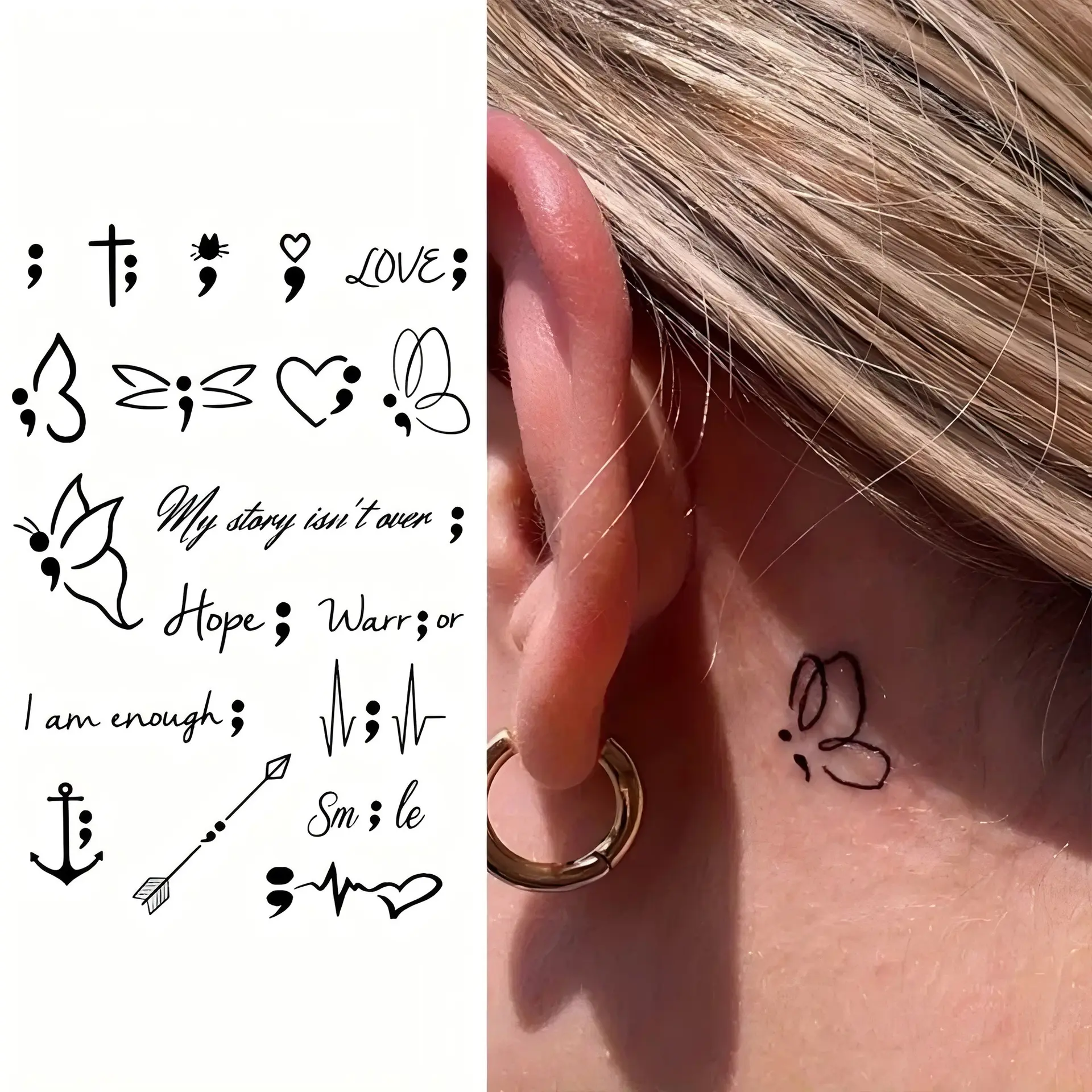 A set of 10 black temporary tattoo stickers, spider letter rose finger wrist body decoration tattoo stickers, suitable for both men and women