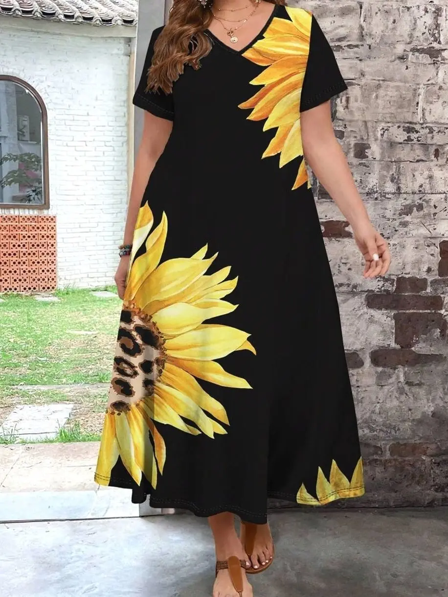 Plus Size Sunflower Long Dress, Fitted Floral Print Summer Vacation Sundress