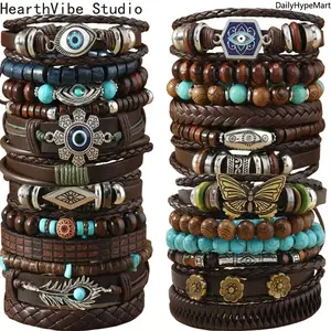 24Pcs Retro Buffalo Head Turquoise Beaded Bracelet Set Faux Leather with Eye Design and Butterfly Motif