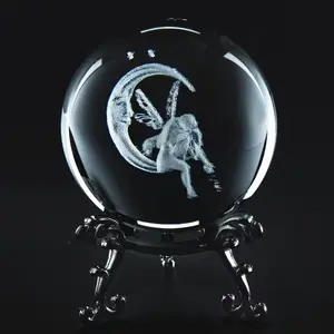 3D Moon Fairy Crystal Ball with Metal Base, Laser Engraved K9 Glass, 60mm Diameter, Elegant Design, Home Office Decor, Wedding Gift, Crystal Sphere