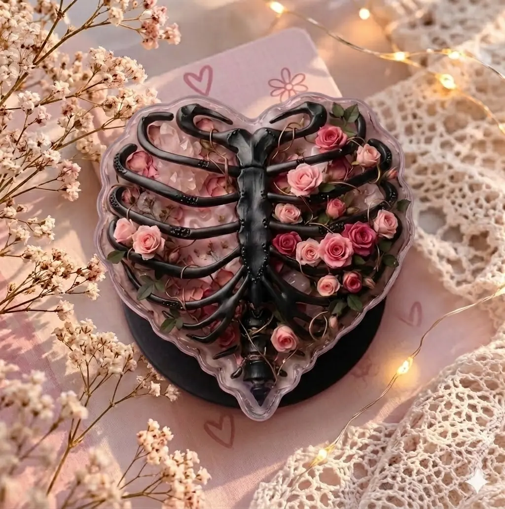 "Rib Cage & Rose Heart Phone Grip – Aesthetic Gothic Floral Pop Socket, Unique Skeleton Ribs Phone Holder, Collapsible Cell Phone Stand, Trendy Dark Academia Gift for Her"